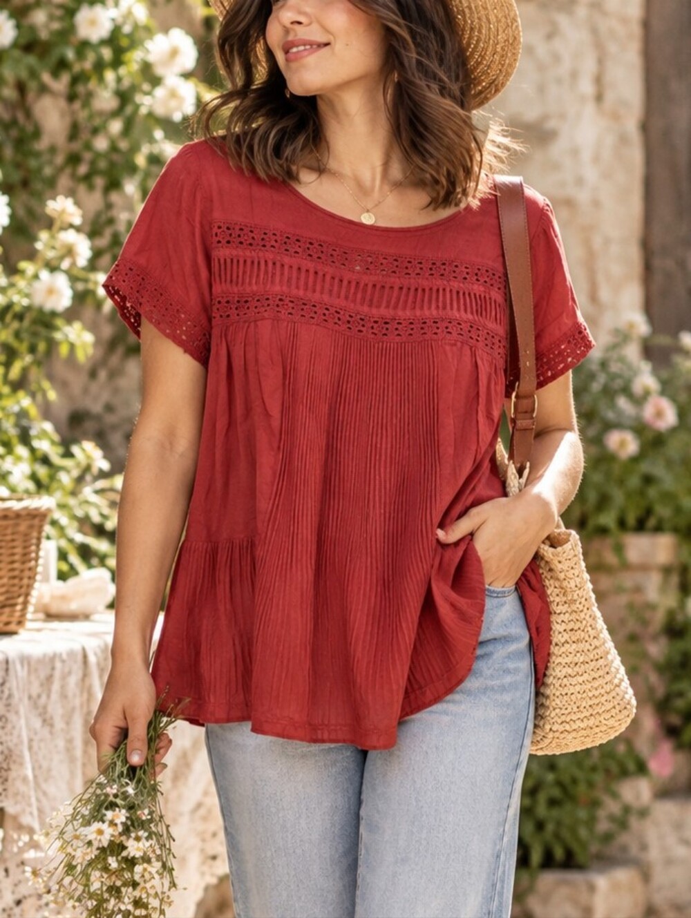Anthropologie Meadow Rue Brick Red Crochet Lace Tunic Top Size M